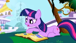 Size: 1920x1080 | Tagged: safe, derpibooru import, screencap, twilight sparkle, pony, unicorn, friendship is magic, g4, book, book of harmony, female, horn, image, lying down, mare, my little pony, png, prone, reading, solo, unicorn twilight