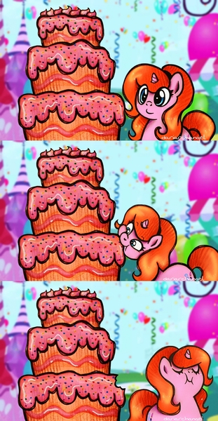 Size: 2120x4084 | Tagged: safe, artist:dariarchangel, derpibooru import, oc, oc:dazha, unofficial characters only, pony, unicorn, g4, adorable face, balloon, blue eyes, cake, comic, confetti, cute, cute face, eating, eyebrows, eyebrows visible through hair, eyes closed, female, female oc, food, giant cake, hairband, half body, horn, image, jpeg, looking at something, mare oc, munching, nom, ocbetes, orange hair, orange mane, orange tail, outdoors, party, pink coat, pony oc, small horn, solo, squishy cheeks, tail, that pony sure does love cakes, too cute, unicorn oc