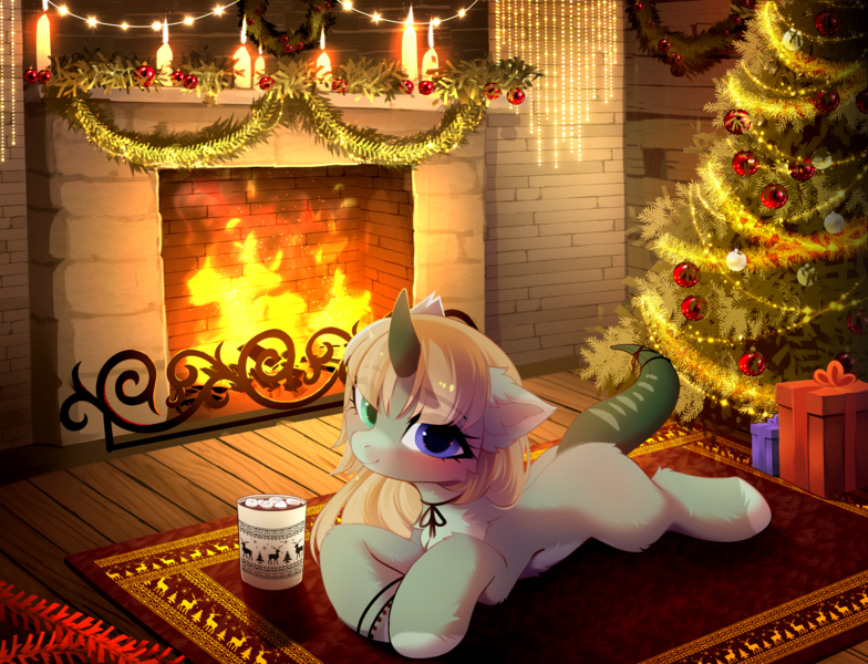 Size: 4503x3448 | Tagged: safe, artist:empress-twilight, derpibooru import, oc, original species, pony, g4, g5, candle, chocolate, christmas, christmas tree, commission, fire, fireplace, food, hearth's warming eve, holiday, horn, hot chocolate, image, lying down, my little pony, png, present, prone, rug, solo, tree, ych result