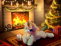 Size: 4503x3448 | Tagged: safe, artist:empress-twilight, derpibooru import, oc, original species, pony, g4, g5, candle, chocolate, christmas, christmas tree, commission, fire, fireplace, food, hearth's warming eve, holiday, horn, hot chocolate, image, lying down, my little pony, png, present, prone, rug, solo, tree, ych result