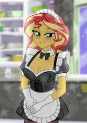 Size: 1000x1415 | Tagged: safe, artist:emeraldblast63, derpibooru import, sunset shimmer, equestria girls, g4, blushing, breasts, cleavage, clothes, female, image, maid, png, solo, sparkles