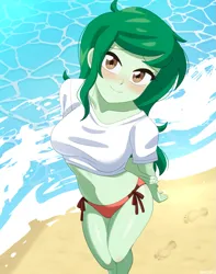 Size: 963x1225 | Tagged: suggestive, artist:riouku, derpibooru import, wallflower blush, equestria girls, g4, beach, belly, belly button, bikini, bikini bottom, blushing, breasts, clothes, commission, cute, female, footprint, freckles, image, midriff, ocean, png, sand, sexy, shirt, solo, solo female, swimsuit, t-shirt, water