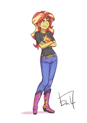 Size: 2480x3508 | Tagged: safe, artist:jurill, derpibooru import, sunset shimmer, equestria girls, g4, belt, boots, clothes, crossed arms, denim, female, geode of empathy, image, jeans, magical geodes, pants, png, shoes, signature, simple background, smiling, solo, white background