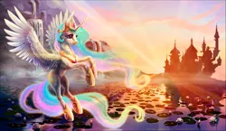 Size: 1600x927 | Tagged: safe, artist:cosmicunicorn, derpibooru import, princess celestia, alicorn, pony, g4, canterlot, crepuscular rays, female, flying, image, lake, lilypad, png, scenery, smiling, solo, spread wings, sunrise, water, waterfall, wings