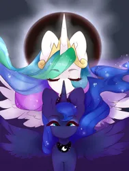 Size: 4536x6000 | Tagged: safe, artist:ask-angelheartz, artist:princesstiramichyuu, derpibooru import, princess celestia, princess luna, alicorn, pony, g4, 2017 solar eclipse, alicorn eclipse, cute, cutelestia, duo, eclipse, eyebrows, eyebrows visible through hair, eyes closed, female, image, jewelry, looking at you, lunabetes, mare, png, regalia, royal sisters, siblings, sisters, solar eclipse, spread wings, wings