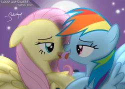 Size: 1478x1053 | Tagged: suggestive, artist:shutterflyeqd, derpibooru import, fluttershy, rainbow dash, pegasus, pony, g4, after kiss, bedroom eyes, drool, drool string, duo, eye contact, female, flutterdash, image, kissing, lesbian, looking at each other, looking at someone, mare, png, shipping, show accurate, show accurate porn, sloppy kissing