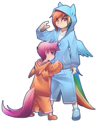 Size: 2540x3121 | Tagged: safe, artist:phation, derpibooru import, rainbow dash, scootaloo, human, g4, clothes, hoodie, humanized, image, png, tail, tailed humanization, winged hoodie