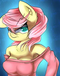 Size: 1200x1500 | Tagged: safe, artist:madacon, derpibooru import, fluttershy, anthro, g4, angry, armpits, breasts, busty fluttershy, clothes, ear fluff, female, image, off shoulder, png, solo, sweater, sweatershy, unamused