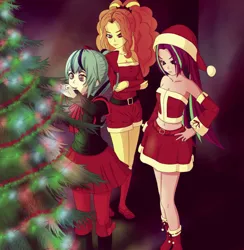 Size: 1792x1836 | Tagged: safe, artist:kuya64, derpibooru import, adagio dazzle, aria blaze, sonata dusk, human, equestria girls, g4, adoragio, ariabetes, bare shoulders, christmas, christmas tree, cute, decorating, female, holiday, image, indoors, open mouth, png, sleeveless, sonatabetes, strapless, tree, trio, trio female