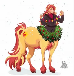 Size: 1979x2048 | Tagged: safe, artist:inkrred, derpibooru import, sunset shimmer, centaur, human, taur, g4, centaur sunset, centaurified, christmas, christmas wreath, clothes, holiday, horn, horned humanization, humanized, image, jacket, jpeg, lidded eyes, looking at you, signature, simple background, smiling, smiling at you, solo, species swap, sunset shimmer's cutie mark, twilight sparkle's cutie mark, white background, wreath