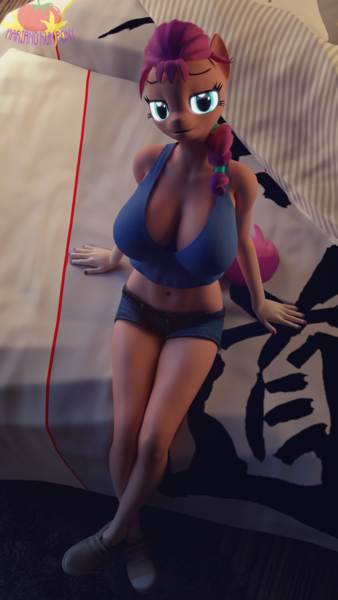 Size: 2160x3840 | Tagged: safe, artist:marianokun, derpibooru import, sunny starscout, anthro, earth pony, g5, 3d, bed, belly, belly button, blender, blender cycles, braid, braided ponytail, breasts, busty sunny starscout, clothes, female, image, looking at you, looking up, png, ponytail, shorts