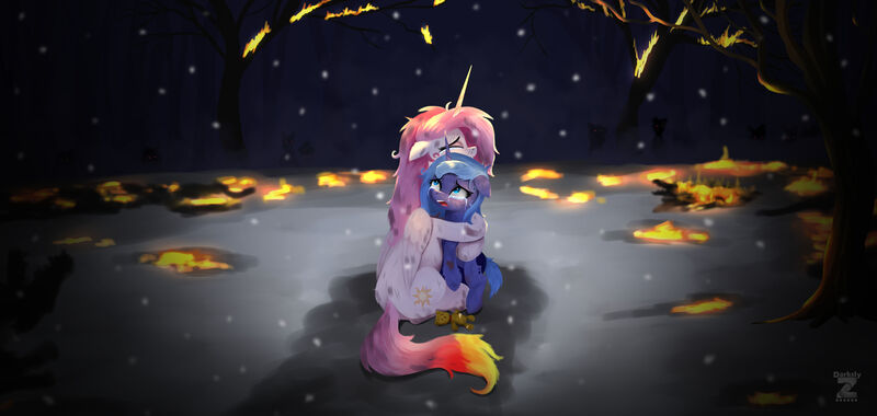 Size: 4176x1981 | Tagged: safe, artist:darksly, derpibooru import, princess celestia, princess luna, alicorn, pony, crying, dirty, duo, female, fire, hug, image, jpeg, mare, messy mane, monster, night, plushie, red eyes, royal sisters, scared, scratches, siblings, silhouette, silhouette with eyes, sisters, sitting, teddy bear, tree, younger