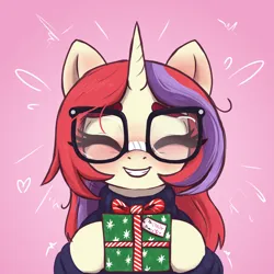 Size: 3000x3000 | Tagged: safe, artist:t72b, derpibooru import, moondancer, pony, unicorn, g4, alternate hairstyle, blushing, clothes, cute, dancerbetes, eyes closed, female, glasses, grin, hoof hold, horn, image, looking at you, mane down, mare, messy mane, nervous, png, present, ribbon, simple background, smiling, smiling at you, solo, sweater