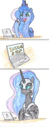 Size: 701x1800 | Tagged: safe, artist:fleximusprime, derpibooru import, nightmare moon, princess luna, alicorn, pony, g4, computer, image, laptop computer, luna day, png, simple background, traditional art, unamused, white background