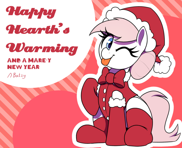 Size: 2700x2200 | Tagged: safe, artist:thebatfang, nurse redheart, earth pony, pony, christmas, clothes, costume, female, hat, heart, hearth's warming, holiday, image, mare, one eye closed, png, santa costume, santa hat, sitting, socks, striped background, text, tongue out, wink, winking at you