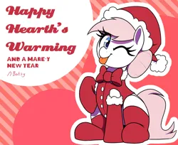 Size: 2700x2200 | Tagged: safe, artist:thebatfang, nurse redheart, earth pony, pony, christmas, clothes, costume, female, hat, heart, hearth's warming, holiday, image, mare, one eye closed, png, santa costume, santa hat, sitting, socks, striped background, text, tongue out, wink, winking at you