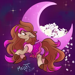 Size: 1500x1500 | Tagged: safe, artist:malcat, derpibooru import, horse, pony, 2024, clothes, crescent moon, dreamer (wild manes), ear piercing, earring, female, floppy ears, flower, image, jewelry, jpeg, looking back, mare, moon, piercing, signature, smiling, solo, sparkles, tail, wild manes