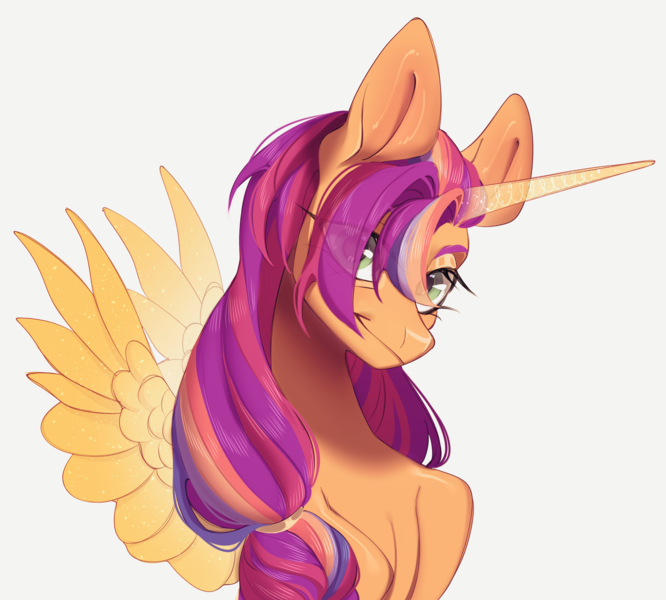 Size: 4000x3604 | Tagged: safe, artist:meggychocolatka, derpibooru import, sunny starscout, alicorn, earth pony, pony, g5, my little pony: a new generation, artificial horn, artificial wings, augmented, bust, colored, eye clipping through hair, eyebrows, eyebrows visible through hair, eyelashes, female, horn, horn markings, image, lidded eyes, long mane, looking at you, magic, magic horn, magic wings, mane stripe sunny, mare, no source available, png, portrait, race swap, scrunchie, simple background, slender, small wings, smiling, smiling at you, solo, sparkles, sparkly horn, sparkly wings, spread wings, sunnycorn, thin, white background, wings