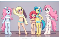 Size: 1280x852 | Tagged: suggestive, ai content, artist:lôvâstiesêndâre, derpibooru import, machine learning generated, oc, oc:blue happy, oc:fire aqua, oc:fire sunburst, oc:sweetie happy, oc:white cream, unofficial characters only, blue underwear, bra, clothes, image, panties, pink underwear, png, purple underwear, underwear, white underwear