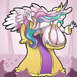 Size: 4000x4000 | Tagged: suggestive, artist:atwistedspirit, derpibooru import, princess celestia, alicorn, anthro, bent over, big breasts, breasts, busty princess celestia, cleavage, clothes, crowd, dress, hanging breasts, hat, horn, huge breasts, image, impossibly large breasts, jewelry, leaning, leaning forward, png, solo focus, sun hat, tiara, wings