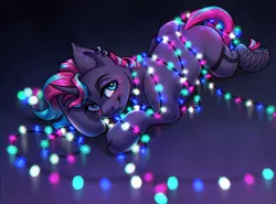 Size: 2934x2167 | Tagged: safe, artist:amishy, derpibooru import, oc, oc:synthie glitch, unofficial characters only, bat pony, bat pony unicorn, hybrid, pony, unicorn, bat pony oc, bat wings, blue eyes, blushing, christmas, christmas lights, clothes, cute, cute little fangs, ear piercing, earring, fangs, female, fishnet clothing, fishnets, garters, holiday, horn, image, jewelry, jpeg, lying down, mare, multicolored hair, multicolored mane, multicolored tail, piercing, prone, smiling, socks, solo, stockings, tail, thigh garters, thigh highs, unicorn oc, wings