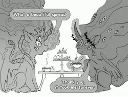 Size: 4096x3118 | Tagged: safe, artist:opalacorn, derpibooru import, oc, oc:void, unofficial characters only, alicorn, original species, pony, black and white, body horror, cup, dialogue, eldritch abomination, food, grayscale, image, jpeg, monochrome, multiple eyes, simple background, sitting, speech bubble, tea, teacup, white background