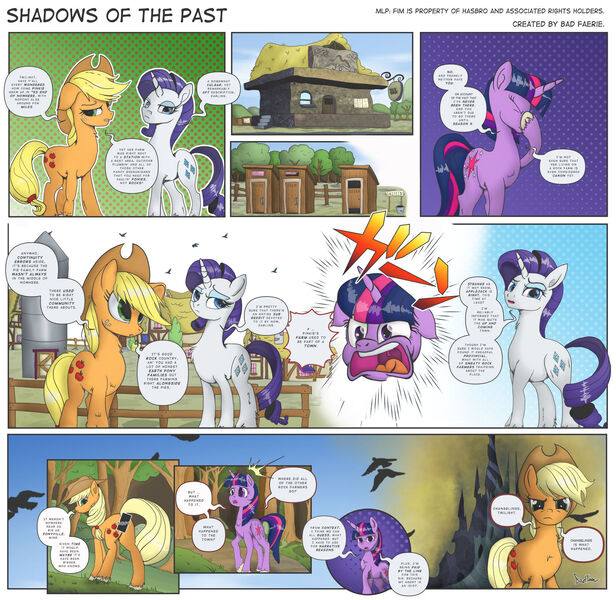 Size: 1600x1558 | Tagged: safe, artist:thebadfaerie, derpibooru import, applejack, rarity, twilight sparkle, earth pony, pony, unicorn, comic:shadows of the past, g4, bucket, butt, censored, censored vulgarity, comic, female, horn, image, implied racism, jpeg, mare, outhouse, plot, tree