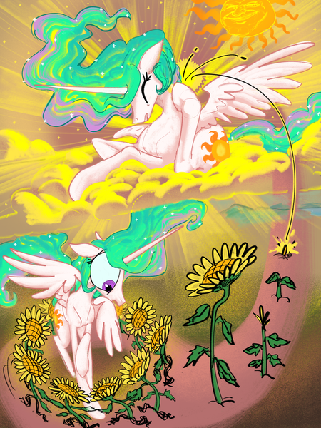 Size: 3000x4000 | Tagged: safe, artist:ja0822ck, derpibooru import, princess celestia, alicorn, pony, g4, dancing, female, flower, image, mare, origin story, png, scratching, sun, sunflower