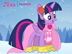 Size: 749x562 | Tagged: safe, artist:zslnews, derpibooru import, twilight sparkle, twilight sparkle (alicorn), alicorn, pony, g4, boots, cape, clothes, earmuffs, female, image, jpeg, looking down, mare, open mouth, scarf, shoes, snow, snowfall, solo, winter, winter outfit