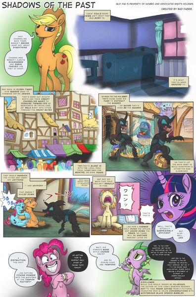 Size: 1280x1938 | Tagged: safe, artist:thebadfaerie, derpibooru import, applejack, pinkie pie, spike, twilight sparkle, changeling, dragon, earth pony, pony, comic:shadows of the past, g4, comic, crying, female, image, jpeg, male, mare, stallion