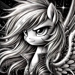 Size: 1024x1024 | Tagged: safe, ai content, banned from derpibooru, deleted from derpibooru, derpibooru import, machine learning generated, prompter:milk-chocolate, rainbow dash, g4, black and white, clothes, generator:bing image creator, grayscale, image, jacket, jpeg, manga, monochrome