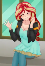 Size: 1276x1843 | Tagged: safe, artist:anonix123, derpibooru import, sunset shimmer, human, equestria girls, g4, breasts, cleavage, clothes, cute, eyes closed, female, image, jacket, leather, leather jacket, looking at you, pants, png, shimmerbetes, sitting, smiling, smiling at you, solo, waving, waving at you