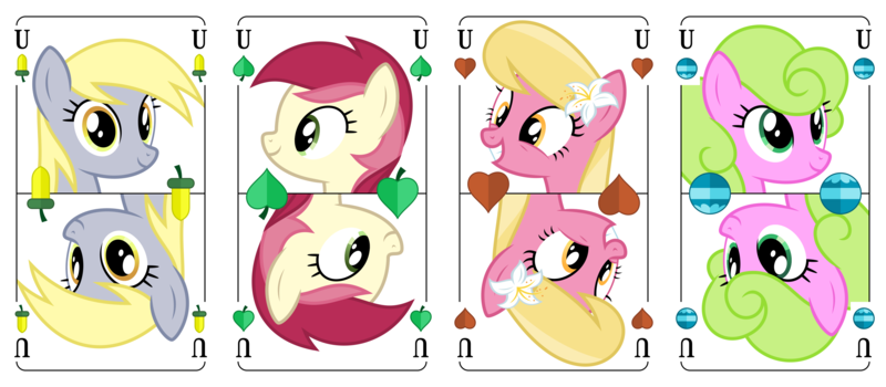 Size: 3200x1400 | Tagged: safe, artist:parclytaxel, derpibooru import, daisy, derpy hooves, flower wishes, lily, lily valley, roseluck, earth pony, pegasus, pony, series:parcly's pony pattern playing cards, g4, acorn, bell, bust, female, flower, flower in hair, flower trio, german, grin, heart, image, leaf, looking at you, mare, playing card, png, portrait, pun, rotational symmetry, smiling, smiling at you, underp, vector