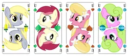 Size: 3200x1400 | Tagged: safe, artist:parclytaxel, derpibooru import, daisy, derpy hooves, flower wishes, lily, lily valley, roseluck, earth pony, pegasus, pony, series:parcly's pony pattern playing cards, g4, acorn, bell, bust, female, flower, flower in hair, flower trio, german, grin, heart, image, leaf, looking at you, mare, playing card, png, portrait, pun, rotational symmetry, smiling, smiling at you, underp, vector