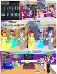 Size: 1280x1657 | Tagged: safe, artist:chazno-01, apple bloom, cookie crumbles, hondo flanks, scootaloo, sweetie belle, human, equestria girls, ^^, alternate hairstyle, amazed, apple bloom's bow, bow, cinderella, clothes, comic, cookie, curtsey, cutie mark crusaders, cutie mark cuties, dress, equestria girls-ified, evening gloves, eyes closed, fall formal outfits, food, glass slipper (footwear), gloves, gown, hair bow, hair bun, hairband, hat, humanized, image, jpeg, living room, long gloves, night, open smile, pondering, poofy shoulders, popcorn, sitting, smiling at each other, sparkles, starry night, table, television, thinking, transformation, transforming clothes