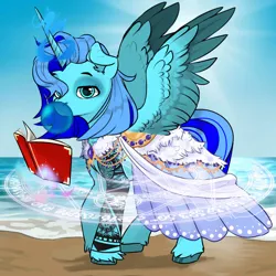 Size: 1024x1024 | Tagged: safe, derpibooru import, oc, unofficial characters only, alicorn, avatar maker fantasy pony, blue eyes, blue mane, blue skin, blue tail, book, bubblegum, clothes, food, foot design, glow, glowing horn, gum, horn, image, magic, magic circle, mare oc, png, sea background, spread wings, tail, two toned mane, two toned tail, wings