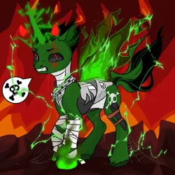 Size: 1024x1024 | Tagged: safe, derpibooru import, oc, unofficial characters only, alicorn, alicorn oc, avatar maker fantasy pony, body design, bondage feets, cat eyes, ceck design, chat bubble, evil horns, evil oc, fiery wings, fire background, fire under hoof, foot accessory, green skin, gritted teeth, horn, image, injure, lightnings, looking at you, png, scary, skeleton cutie mark, slit eyes, slit pupils, stallion oc, teeth, wings