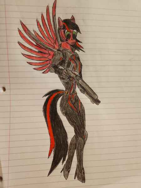 Size: 3000x4000 | Tagged: safe, artist:radiation_pony, derpibooru import, oc, oc:rubidium, anthro, pegasus, black widow (marvel), blade, crossover, female, flying, gun, image, jpeg, lined paper, makeup, marvel, marvel rivals, pegasus oc, rifle, solo, solo female, tail, traditional art, weapon, wingblade, wings