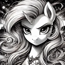 Size: 1024x1024 | Tagged: safe, ai content, derpibooru import, machine learning generated, prompter:milk-chocolate, rarity, g4, black and white, generator:bing image creator, grayscale, image, jpeg, manga, monochrome