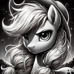 Size: 1024x1024 | Tagged: safe, ai content, derpibooru import, machine learning generated, prompter:milk-chocolate, applejack, g4, black and white, generator:bing image creator, grayscale, image, jpeg, manga, monochrome