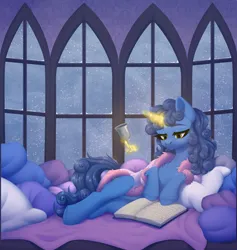 Size: 2790x2943 | Tagged: safe, artist:nika-rain, derpibooru import, oc, pony, unicorn, book, commission, cute, female, glass, horn, image, pillow, png, snow, solo, solo female