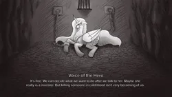 Size: 1920x1080 | Tagged: safe, artist:4as, derpibooru import, princess celestia, alicorn, pony, g4, bags under eyes, black and white, dungeon, female, grayscale, image, jpeg, lying down, mare, monochrome, prone, shackles, slay the princess, solo