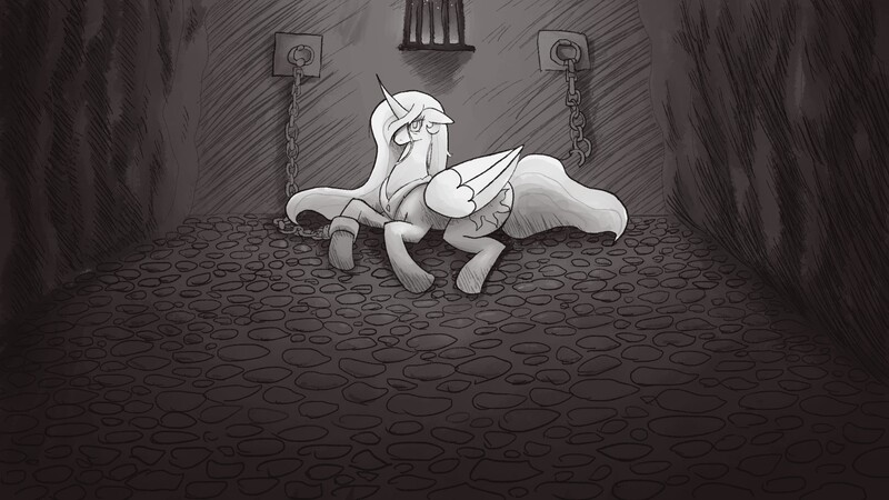 Size: 1920x1080 | Tagged: safe, alternate version, artist:4as, derpibooru import, princess celestia, alicorn, pony, g4, bags under eyes, black and white, dungeon, female, grayscale, image, jpeg, lying down, mare, monochrome, prone, shackles, slay the princess, solo