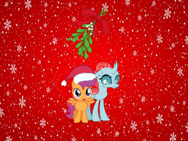 Size: 960x720 | Tagged: artist needed, safe, anonymous artist, artist:a-karet, artist:digimonlover101, artist:luckreza8, artist:somepony, ocellus, scootaloo, changeling, pegasus, pony, christmas, christmas background, christmas picture, cute, cutealoo, diaocelles, duo, female, filly, hat, hearth's warming, holiday, image, lesbian, mistletoe, open smile, png, santa hat, ship:scootacellus, smiling at each other, song in the description, spread wings, wings