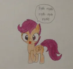 Size: 2433x2294 | Tagged: safe, anonymous artist, derpibooru import, scootaloo, pony, g4, 2024, cross-eyed, derpibooru exclusive, female, filly, foal, funny, hilarious, image, jpeg, nyah, silly, simple background, solo, solo female, taunt, taunting, teasing, tongue out, traditional art, white background