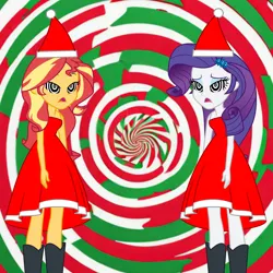 Size: 4024x4024 | Tagged: safe, artist:cartoonmasterv3, derpibooru import, rarity, sunset shimmer, human, equestria girls, g4, advent calendar, christmas, christmas 2024, clothes, costume, hat, holiday, humanized, hypno eyes, hypnosis, hypnotized, image, png, santa claus, santa costume, santa hat