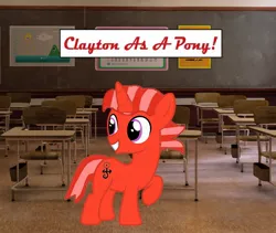 Size: 1754x1480 | Tagged: safe, artist:memeartboi, derpibooru import, oc, ponified, pony, unicorn, g4, classroom, clayton, colt, colt oc, cute, eyes open, foal, grin, happy, horn, image, indoors, jpeg, male, male oc, shapeshifter, smiling, solo, solo male, standing, teeth, text, the amazing world of gumball, unicorn horn, unicorn oc