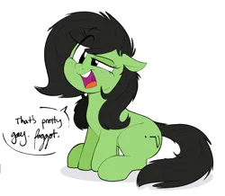 Size: 1360x1188 | Tagged: safe, artist:hattsy, oc, oc:anonfilly, unofficial characters only, earth pony, pony, dialogue, faggot, female, image, mare, open mouth, png, raised eyebrow, simple background, sitting, slur, solo, speech bubble, that's gay, vulgar, white background