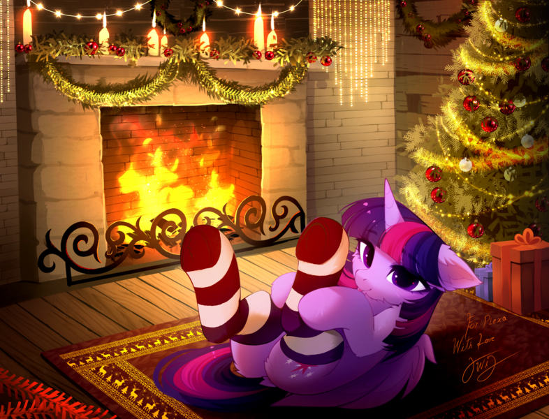 Size: 4504x3436 | Tagged: safe, artist:empress-twilight, derpibooru import, twilight sparkle, twilight sparkle (alicorn), alicorn, pony, g4, butt, candle, christmas, christmas decoration, christmas presents, christmas tree, clothes, commission, decoration, dock, ear fluff, eye clipping through hair, eyebrows, eyebrows visible through hair, female, fireplace, holiday, horn, image, indoors, looking at you, lying down, mare, my little pony, on back, png, present, smiling, smiling at you, socks, striped socks, tail, tree, twibutt, wings, ych result