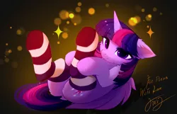 Size: 3373x2171 | Tagged: safe, artist:empress-twilight, derpibooru import, twilight sparkle, twilight sparkle (alicorn), alicorn, pony, g4, butt, clothes, commission, dock, ear fluff, eye clipping through hair, eyebrows, eyebrows visible through hair, female, horn, image, looking at you, lying down, mare, my little pony, on back, png, smiling, smiling at you, socks, solo, sparkles, striped socks, tail, twibutt, wings, ych result